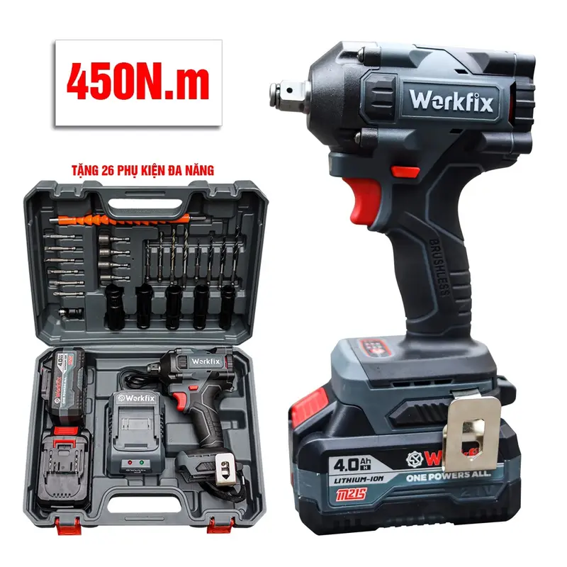 Máy siết bulong workfix -HM-IW 450n cordless động cơ không than tặng kèm phụ kiện 2
