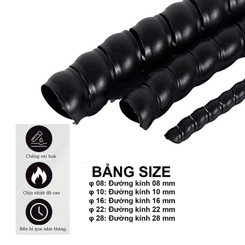 Cuộn Dây chống xoắn bọc điện chống mài mòn kiểu dây ruột gà, dây bọc dây điện phù hợp cho dây máy bơm cao áp, máy rửa xe phi 6/8/10/12/16/20mm