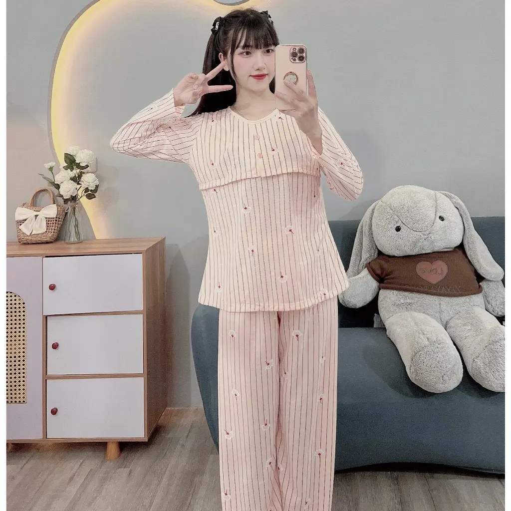 Bộ bầu và sau sinh DUNGDOOP dài tay , sọc bông PE vén lật cho con bú, cotton mềm MB0044