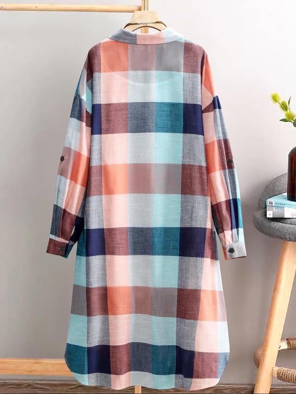【Plus Size】 Women's Plaid Print Button Front High Low Hem Shirt, Casual Roll Up Sleeve Collared Top for Daily Wear, Ladies Clothes for All Seasons 4