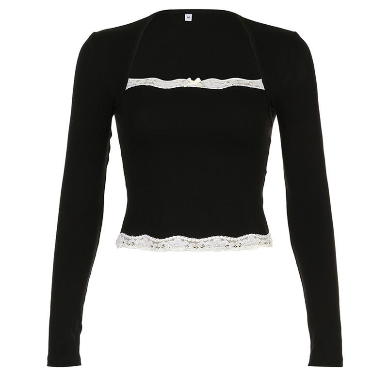 Product Introduction of Fairycore Lace Trim Suqare Collar T-shirt Korean Grunge Long Sleeve Slim Fit Tees Cottage Y2K Aesthetic Retro Milkmaid Crop Top 34