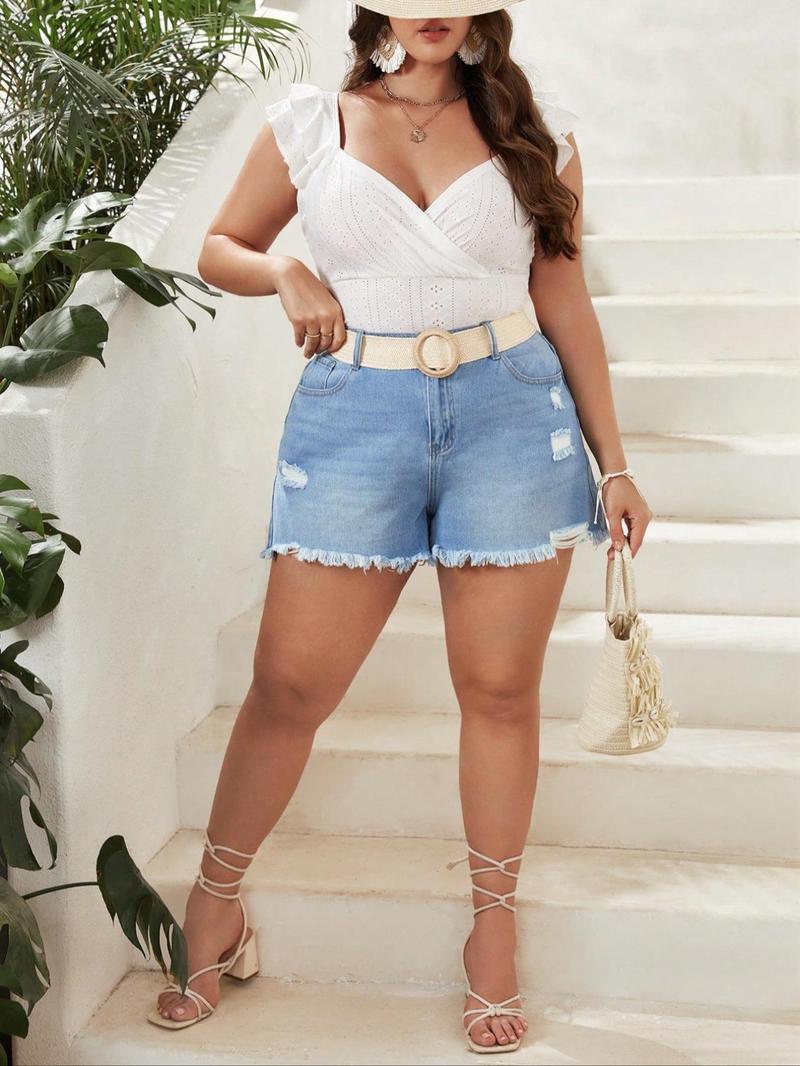 Product Introduction of 【Plus Size】 Solid Eyelet Embroidery Ruffle Trim Bodysuit, Casual Wrap Bodysuit for Summer, Women's Clothes for Daily Wear 4