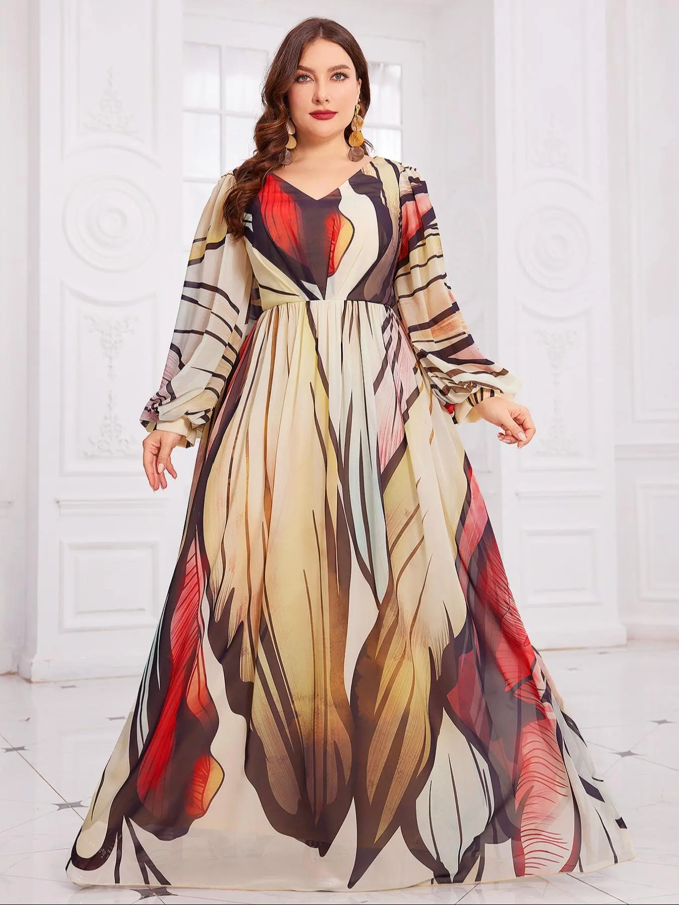 【Plus Size】 Graphic Print Chiffon Party Dress, Elegant V Neck Long Sleeve Dress for Party Holiday Wedding Guest, Women's Clothes for All Seasons, Womenswear