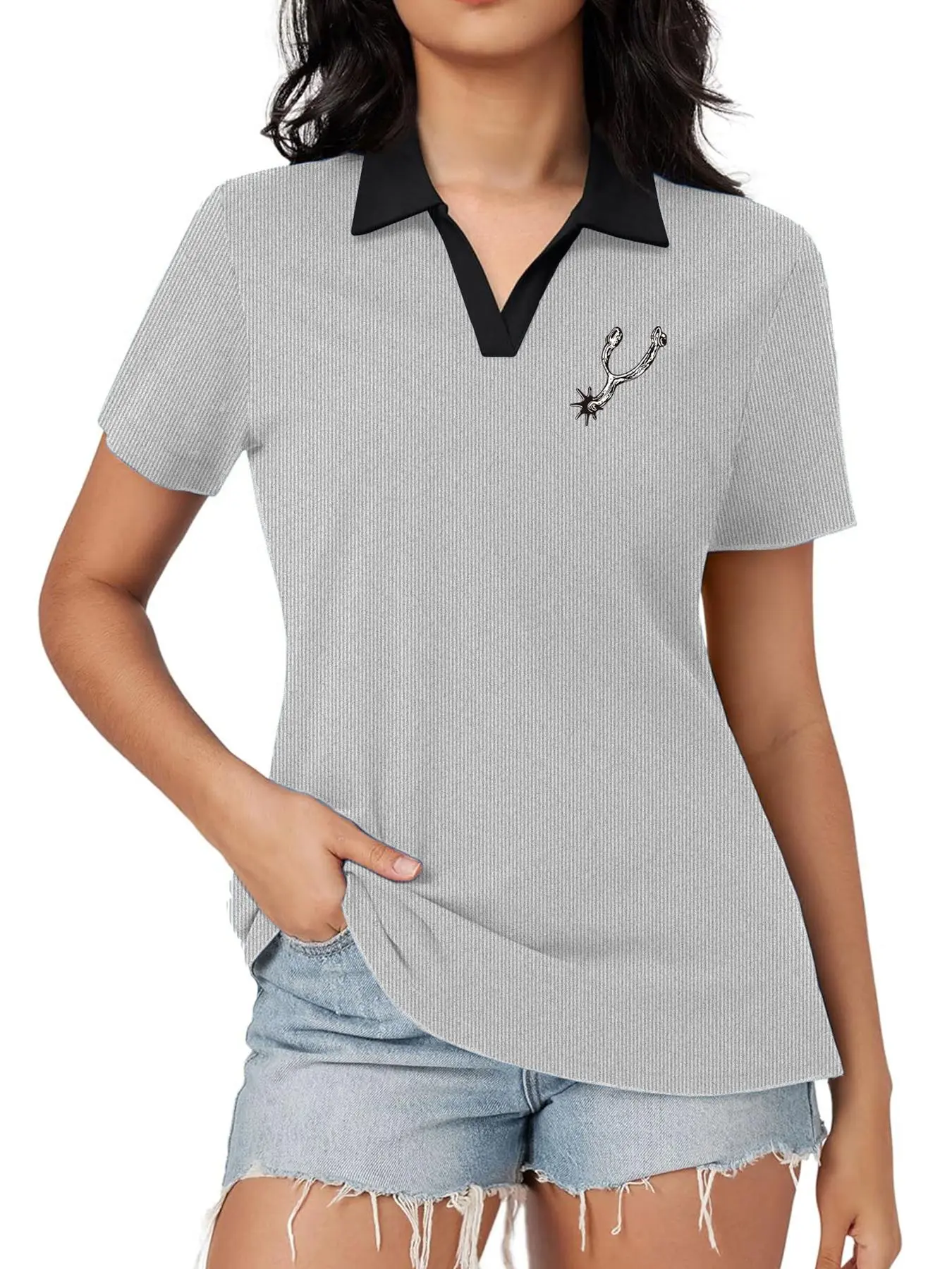 Women's Geometric Print Contrast Trim Polo Shirt, Casual Short Sleeve Collared Top for Summer, Ladies Clothes for Daily Wear