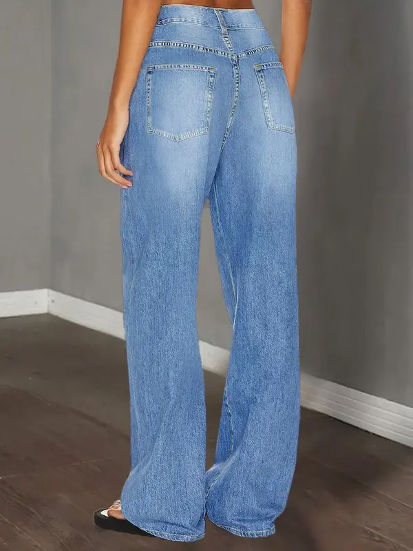 Women's Plain Straight Leg Denim Pants, Casual Retro High Waist Trousers for Daily Wear, Jeans, Ladies Bottoms for All Seasons, Womenswear 1
