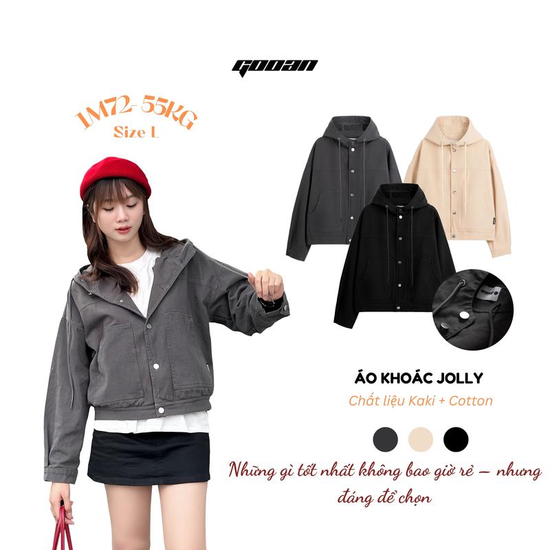 Áo Khoác Kaki Jolly Nữ Gooan - Chất Liệu Cotton 99%, Form Boxy, Phong Cách Hàn Quốc, Có Mũ, Hồng pastel, Xám, Be, Đen