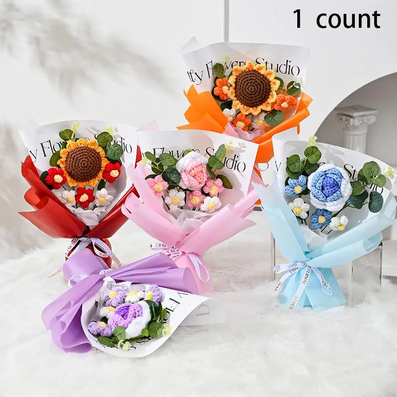 Flower Design Handmade Crochet Bouquet, 1 Count Creative Wrapped Flower Bouquet, Perfect for Birthday, Proposal, Thank You Gift, Valentine's Day Gift Idea