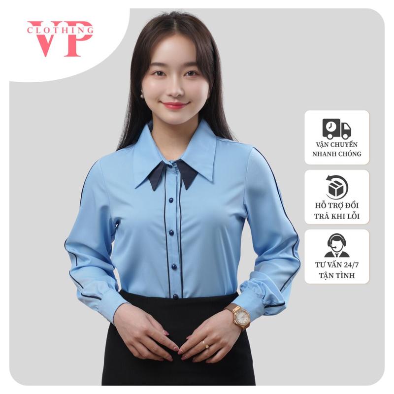  Áo A66 -Sơ Mi Nữ Dài Kiểu Hàn Quốc VP Clothing Top Women Shirt Thiết Kế Viền Sọc Tinh Tế Bo Tay Chất Vải Lụa Mềm Mịn Màu Sắc Basic Tôn Dáng Chuẩn Xịn Voan 