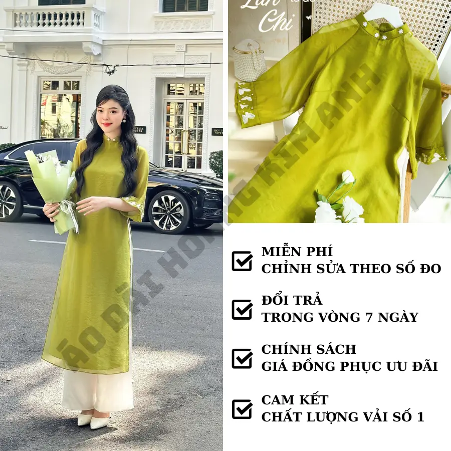 Áo dài cách tân nữ dáng suông 4 tà thêu hoa nhí trắng cổ áo viền tay vải lụa tơ cao cấp, Áo dài nữ truyền thống Xanh Cốm