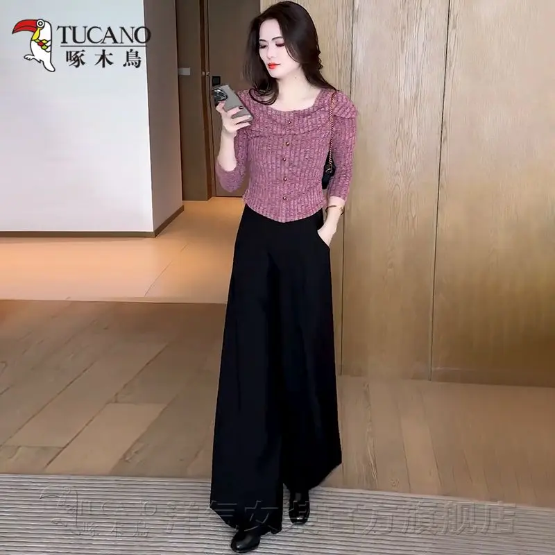 Bộ Đồ Thời Trang, Dành Cho Nữ, Hàng Mới Về Mùa Thu, Phong Cách Phương Tây, Mỏng Vừa Vặn, Áo Dài Tay, Quần Ống Rộng, Bộ Hai Mảnh, Bộ Sưu Tập Chim Gõ Kiến
