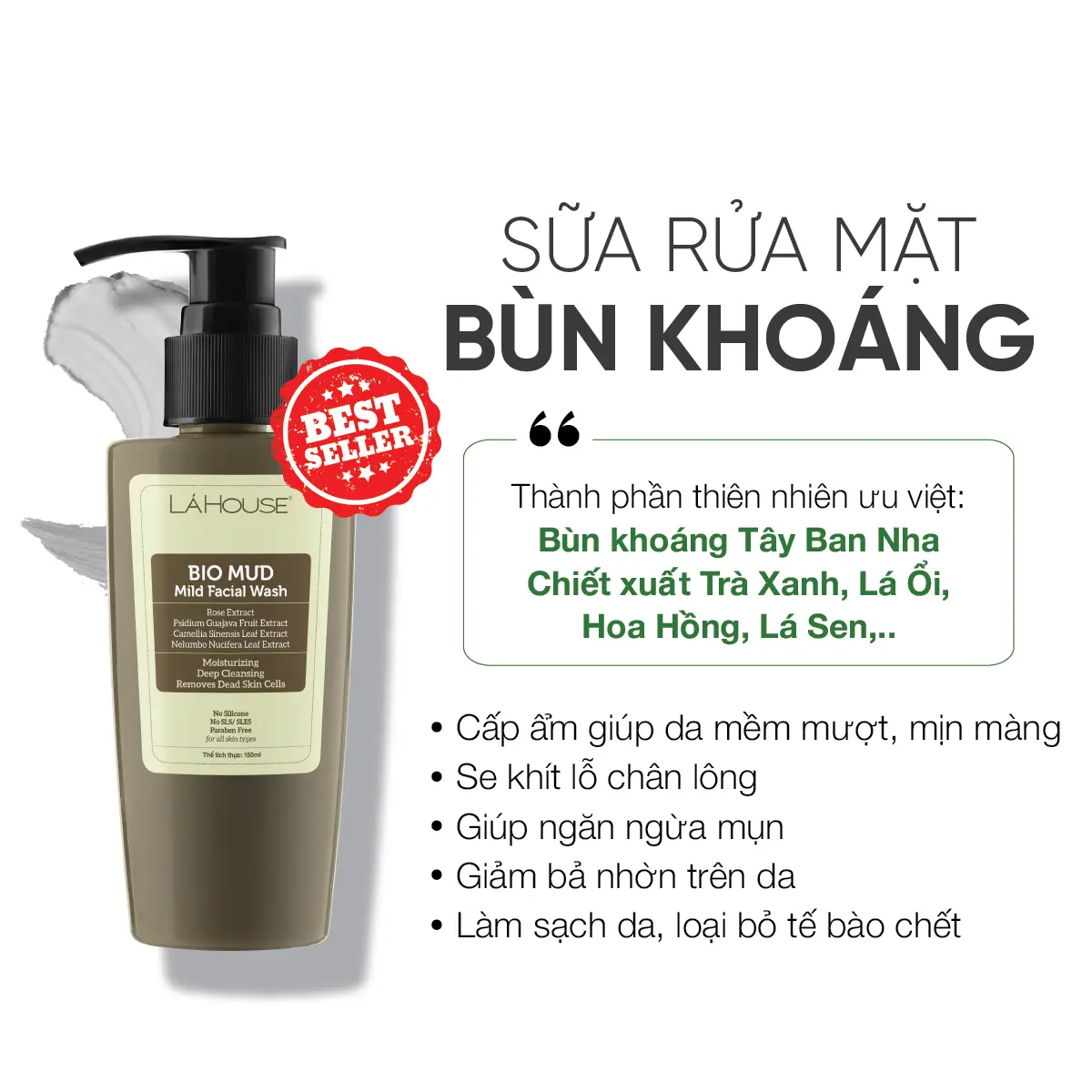 Sữa rửa mặt bùn khoáng loại bỏ tế bào da chết Lá House Bio Mud Mild Facial Wash 50ml/150ml
