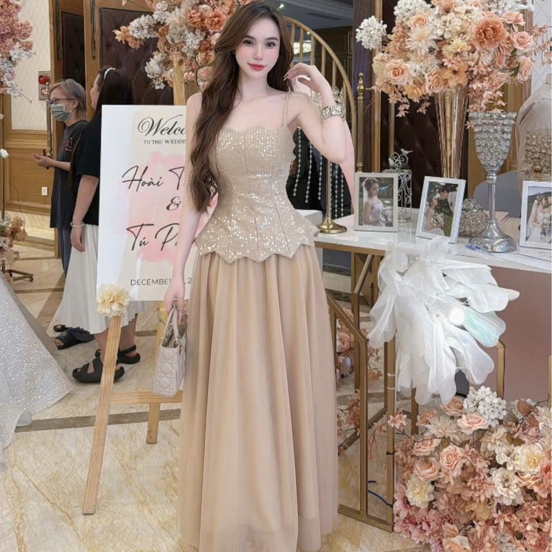 Đầm Hai Dây Kim Sa Thiết Kế Cao Cấp Tina Store Phối Chân Váy Lưới - Phù Hợp Dự Tiệc, Hẹn Hò Sang Chảnh Cho Nữ Women