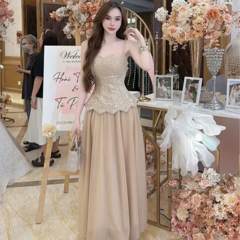 Đầm Hai Dây Kim Sa Thiết Kế Cao Cấp Tina Store Phối Chân Váy Lưới - Phù Hợp Dự Tiệc, Hẹn Hò Sang Chảnh Cho Nữ Women 0