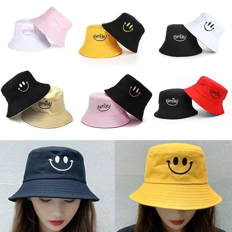 หมวกบักเก็ต unisex สำหรับผู้หญิง หมวกผ้าฝ้ายสองด้านพร้อมงานปัก สำหรับชายหาด ตกปลา ดวงอาทิตย์