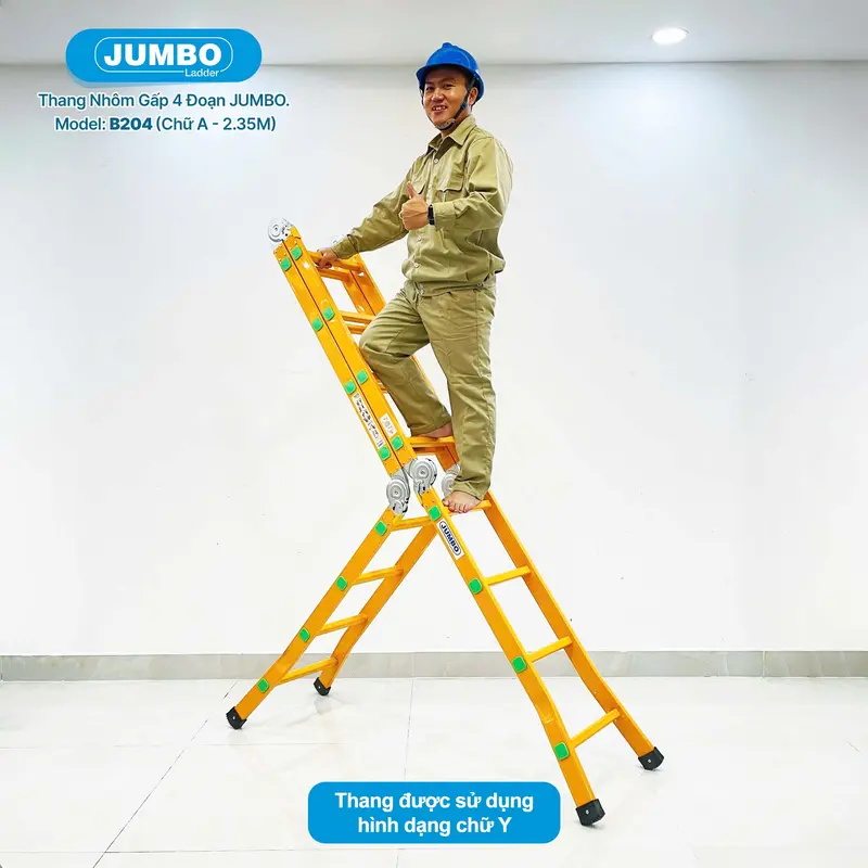 Thang nhôm gấp 4 đoạn JUMBO B204, chữ A cao 2.35m, chữ I cao 4.7m, 14 tư thế sử dụng, tải trọng 300kg 8