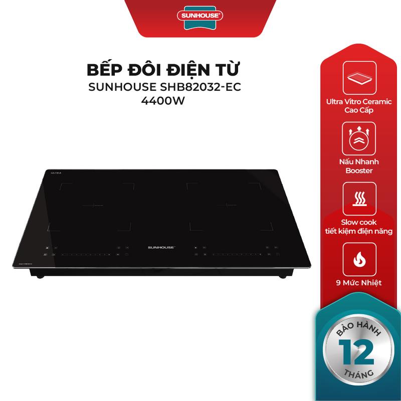 Bếp đôi điện từ Sunhouse SHB82032-EC - Booster nấu nhanh - 9 mức chỉnh, có tính năng slow cook - Mặt kính nguyên khối
