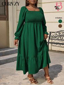 CURVZY Plus Size Plain Shirred Ruffle Hem Autumn Aesthetic Milkmaid Flounce Sleeve Dress, Plus Casual Square Neck Long Sleeve A Line Dress for Daily Wear, Fall & Winter Clothes, Casual Dresses