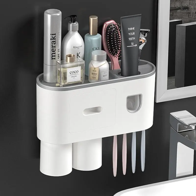 Wall Mounted Toothbrush Holder, 1 Count Automatic Toothpaste Dispenser Kit with Magnetic Cups, Durable Space-saving Storage Rack for Bathroom