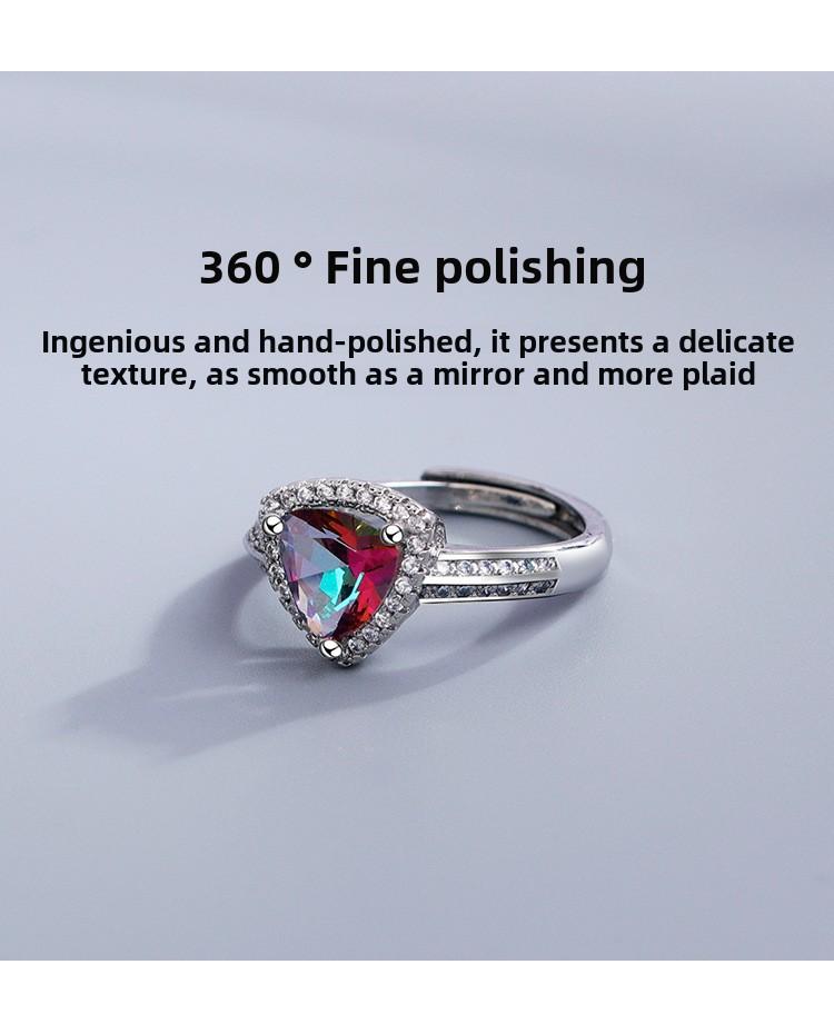 Product Introduction of New Colorful Diamond Ring for Women Fashionable Elegant Open Ring European and American Light Luxury Style AB Color Triangle Zircon Ring 4