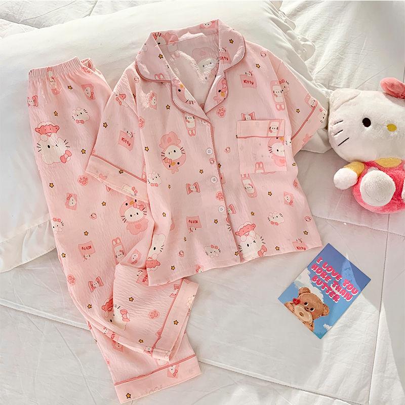  Bộ Đồ Ngủ Trẻ Em Bé Gái Chất Liệu Bông Đám Mây ngắn Tay Thiết Kế Hello Kitty Quần Dài Mỏng Phong Cách Hoạt Hình Thích Hợp Cho Trẻ Em Lớn Bộ Đồ Mặc Nhà 