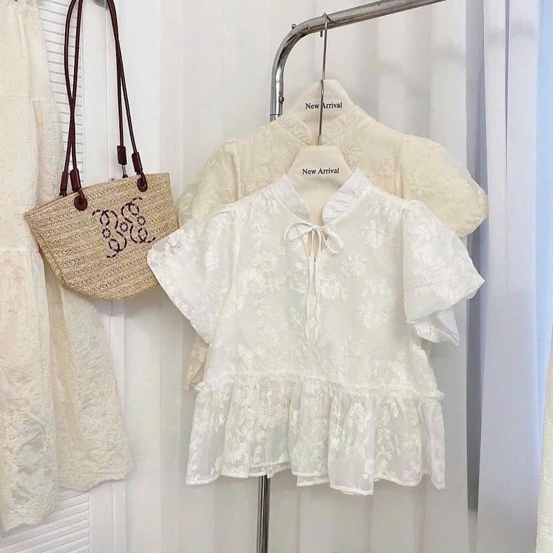 Áo babydoll nữ A.722, Áo cổ tàu tay ngắn dáng babydoll phối ren hoa cổ thắt nơ xinh xắn - Shop Chấm Bi