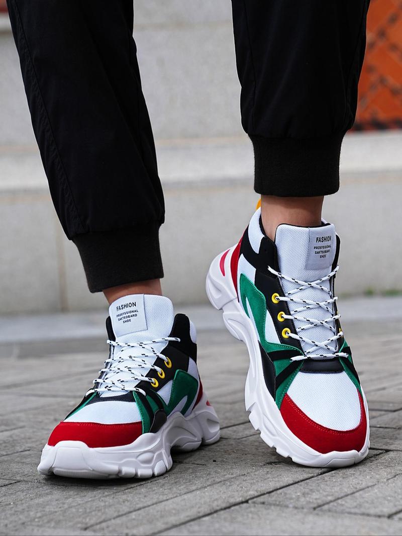 Product Introduction of Men's Trendy Colorblock Letter Patchwork Lace up High Top Sneakers, Casual Versatile Comfortable Chunky Shoes for Outdoor Sports 17