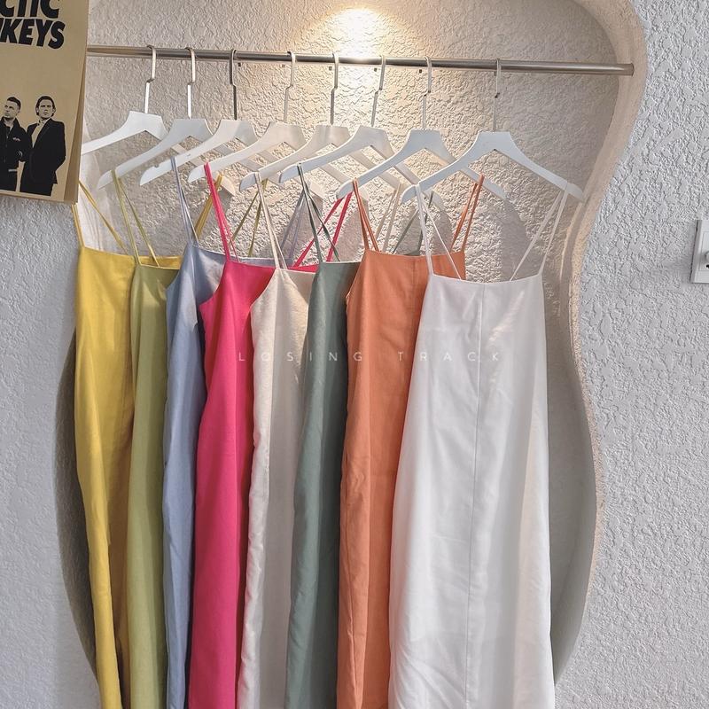 Đầm Linen 2 dây suông nhiều màu đi chơi Nữ DuDustudio Women Dress Váy Voi Voan Kem hàn quốc  váy thường mặc