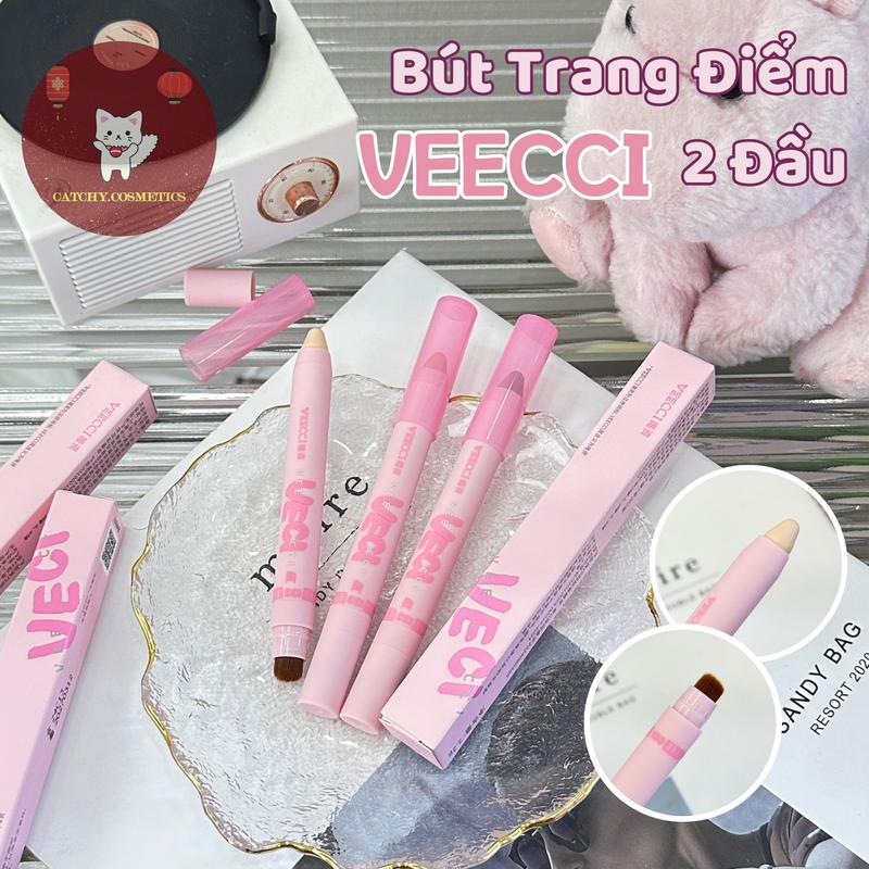 [VEECCI] Bút Bắt Sáng/Tạo Khối/Má Hồng 2 Đầu VEECCI Vỏ Hồng Nắp Trong 2.2g Trang Điểm