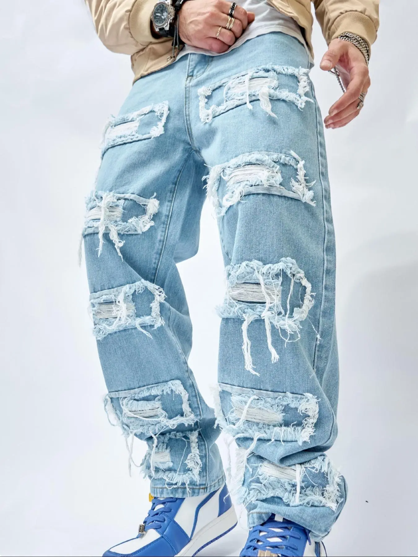 Men's Ripped Zipper Pocket Design Jeans, Loose Casual Denim Pants for Daily Wear, Fashion Men's Bottoms for All Seasons, Cotton