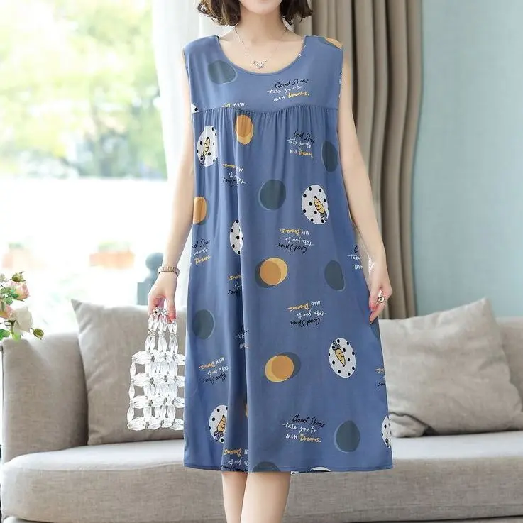 Váy Ngủ Không Tay Bằng Lụa Cotton Mùa Hè, Dài Trung Bình Dưới Đầu Gối, Ngoại Cỡ, Dáng Rộng Vừa Vặn, Làm Bằng Bông Nhân Tạo, Dành Cho Nữ, Đồ Ngủ Váy Mặc Nhà, Hàng Mới Về