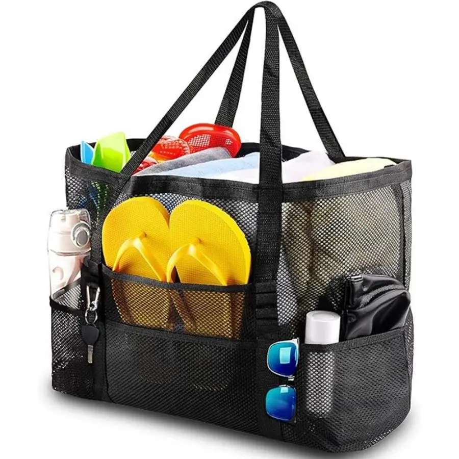 8 Pocket Mesh Beach Bag, Large Capacity Foldable Storage Bag, Beach Bag for Travel, Camping, Hiking, Fishing, Picnic, Beach Outfits