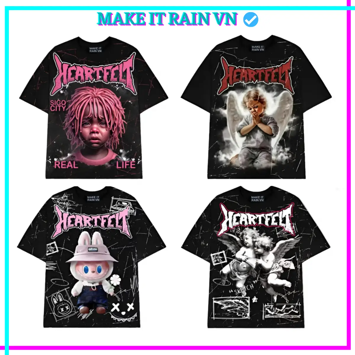 [MUA 3 TẶNG MÓC KHÓA] Áo Thun Nam Nữ HEARTFELT Make It Rain, Áo Phông Unisex Form Rộng Top Menswear