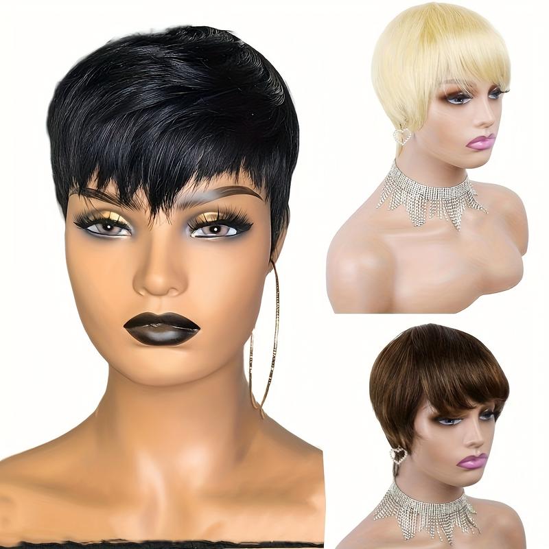 TikTok Shop Hot New 6 Inch Natural Straight Short Pixie Cut Wigs With Bangs Brazilian Remy Human Hair Wigs For Women Full Machine Made Hiar Replacement Wigs