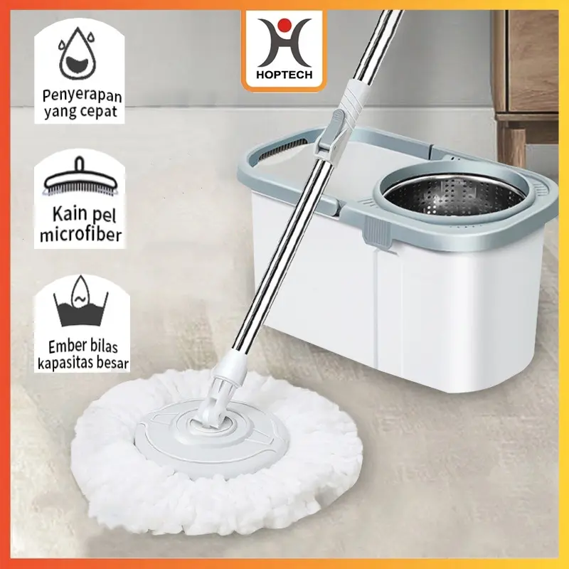 Hoptech - Set Alat Pel Lantai Stainless 360 | Ember Spin 2in1 dengan Hand Pressure & Pembuang Air 0