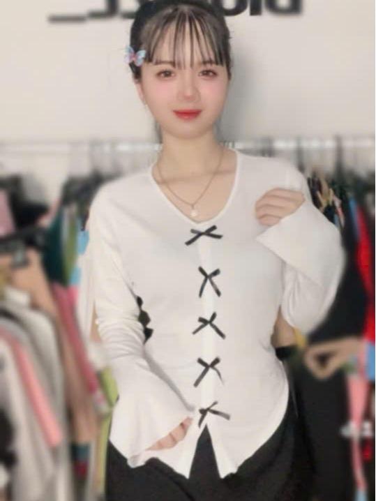 Áo thun đính nơ tay dài loe thời trang dành cho nữ 50-90kg - Un In Bs054 Top Voan Women 4