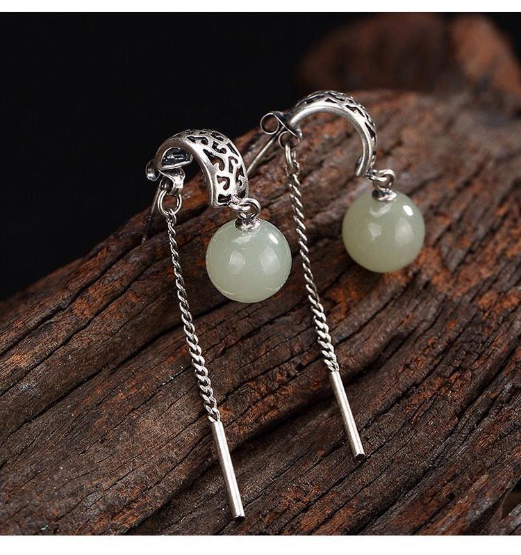 Product Introduction of Ladies green long section Chinese style natural Hetian white jade inlaid round bead earrings exquisite fashion jewelry 1