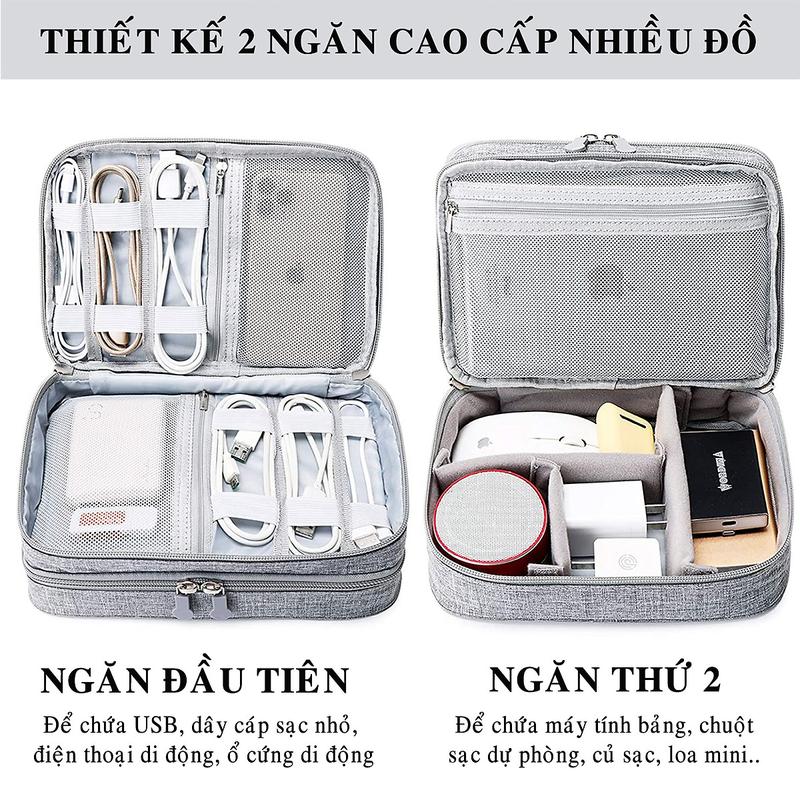 Túi Đựng Phụ Kiện Điện Thoại 2 Ngăn Lớn Cải Tiến Nhiều Ngăn Chống Nước, Chống Sốc – Túi Bảo Vệ Phụ Kiện Máy Tính Bảng Máy Ảnh Loa Sạc Sự Phòng Cáp Củ Sạc Hàng Chính Hãng Dododios