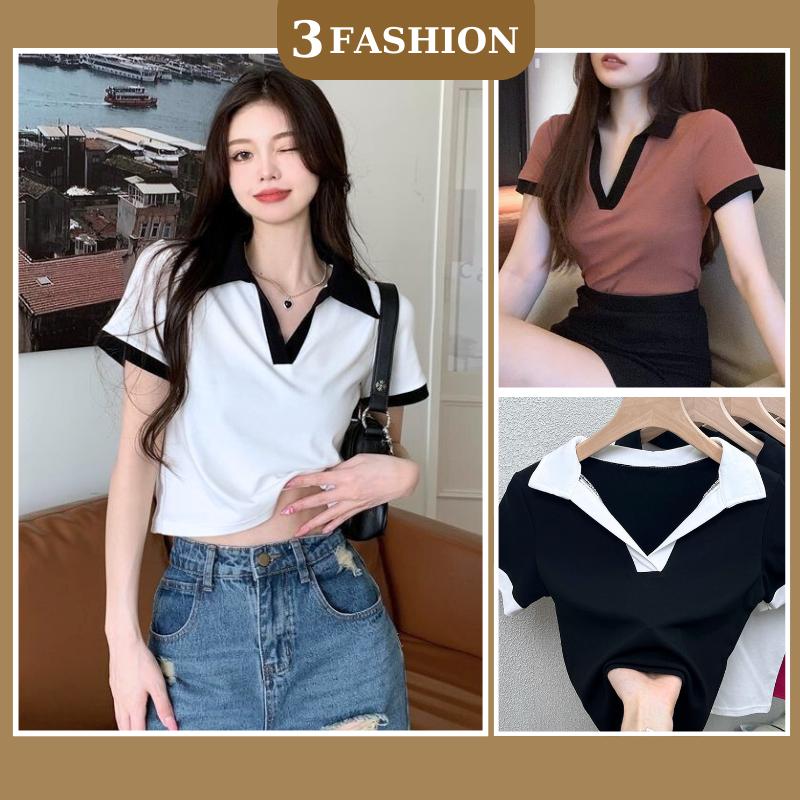 Áo nữ croptop bigsize, áo croptop polo ôm body vải thun mềm thoáng mát phong cách Hàn Quốc - 3FASHION A25 polozip Nữ  Women Nâu