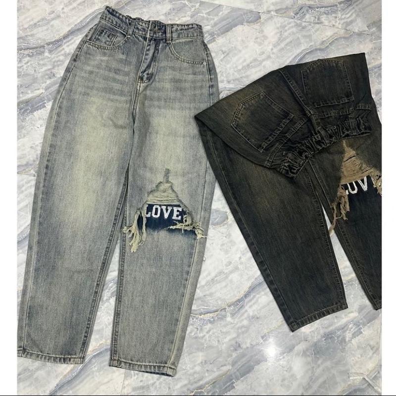 [2160] [Có BIGSIZE ]Quần Baggy Lưng Chun Thêu chữ rách gối Jean Pants Denim Nữ 4