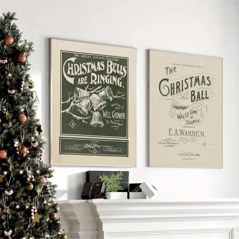 Vintage Christmas Bell Pattern Canvas Printing Painting without Frame, 2 Counts/set Wall Art Painting, Wall Art Decor for Home Living Room Bedroom Office 3