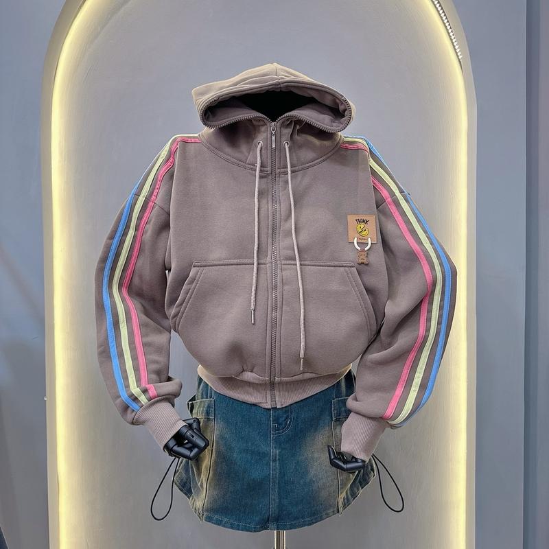 ÁO KHOÁC 3 SỌC THÊU LOGO GẤU 6 TÚI - nón to - dây kéo cao - xỏ ngón tay - size từ 38kg-65kg Nữ Jacket Women Top Nhung thông thường thường 0
