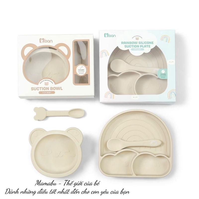 ( Tặng Kèm 2 Thìa ) Set Bát Kèm Khay Ăn Dặm Silicon Misan Có Đế Hít Chống Lật Chống Đổ Chống Trượt Cho Bé Ăn Dặm Mamabu Kem Silicone