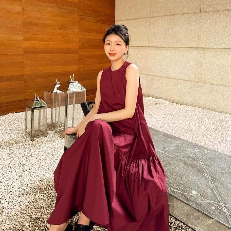 Đầm Babydoll Maxi Xòe Bồng Bềnh Dáng Dài Cổ Tròn Sát Nách Tone Màu Đỏ Đô Xinh Xắn Diện ĐI Chơi Du Lịch