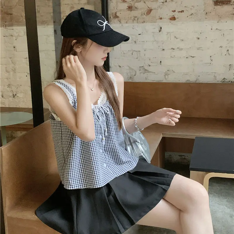 Áo Yếm Kẻ Sọc, Nhỏ Và Dễ Phối Đồ, Phong Cách Duyên Dáng, Khâu Ren, Không Tay, Áo Dáng Rộng, Hàng Mới Về Mùa Hè Cho Nữ 6