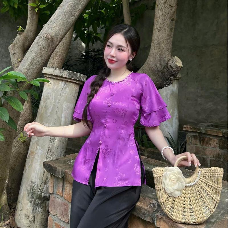 ÁO LẺ KHÔNG KÈM QUẦN,  BỘ ÁO KÈM QUẦN BÀ BA TAY 2 TẦNG VIỀN NGỌC VẢI GẤM QUẦN ĐEN HOẶC TRẮNG ĐỦ SIZE Nữ Nhung Kem Top Women 5