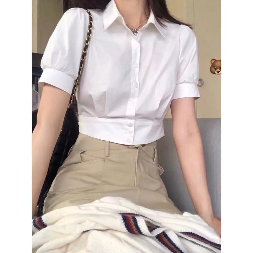 Áo Sơ Mi Ngắn, Phong Cách Nữ Tính, Màu Trơn Phong Cách Hàn Quốc, Thiết Kế Đẹp, Cạp Cao Độc Đáo Tay Phồng Ngắn, Áo Sơ Mi Trắng, Dành Cho Nữ Top Women Shirt Cổ Tròn Dài Tay