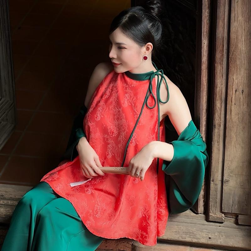 Y01 SET ĐỒ NỮ ÁO YẾM CỘT DÂY KÈM QUẦN SUÔNG DÀI, CHẤT LIỆU GẤM TƠ TẰM - FREE SIZE 7