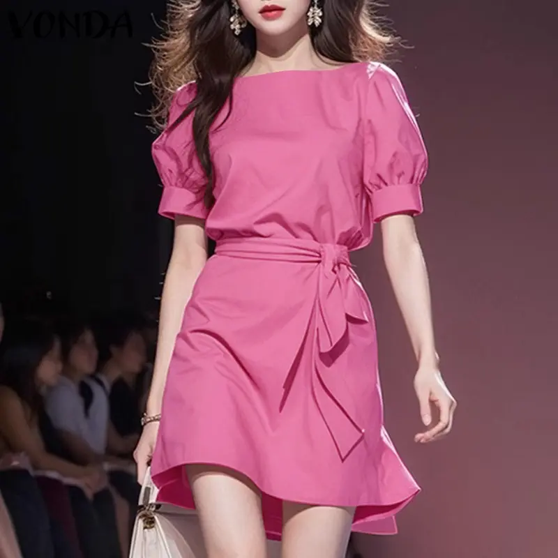 Váy Chữ A, VONDA, Phong Cách Ladylike Nữ, Cổ Tròn, Buộc Dây, Tay Phồng, Màu Trơn Váy Mini, Thiết Kế Hoa Hàn Quốc 0