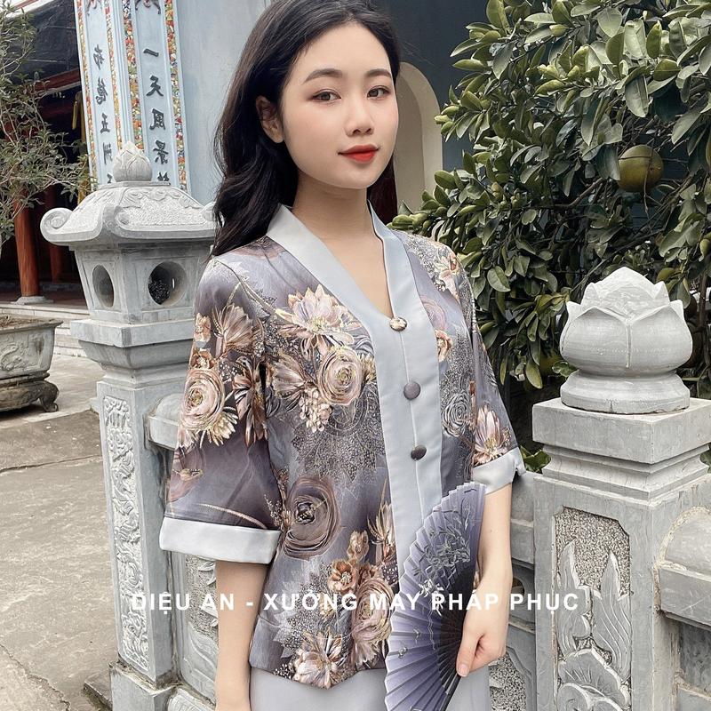 Set Lụa Đi Chùa Cao Cấp Màu Xám Đậm 0
