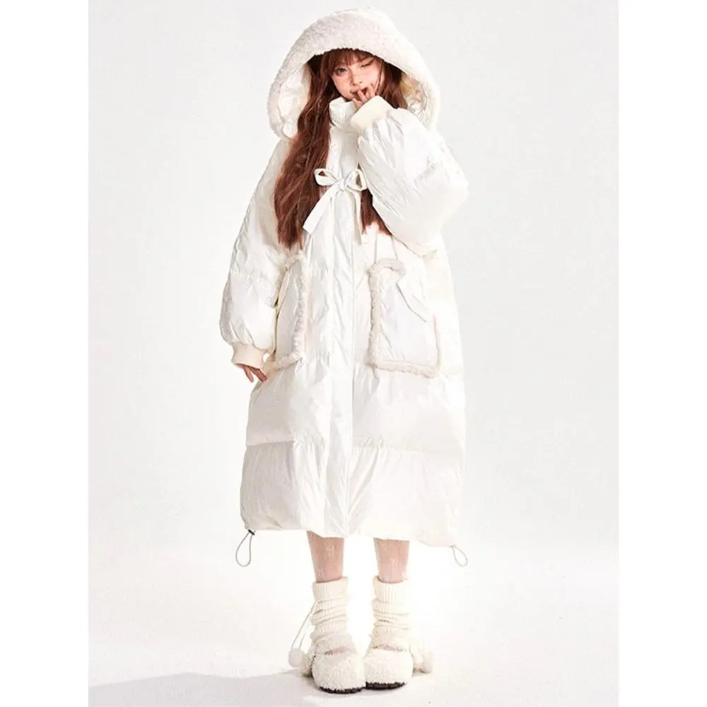 [Coincides with Late Winter] 2024 Autumn and Winter New Style White Warm Mid-Length Hooded Cotton Coat Jacket Non-Mainstream Style